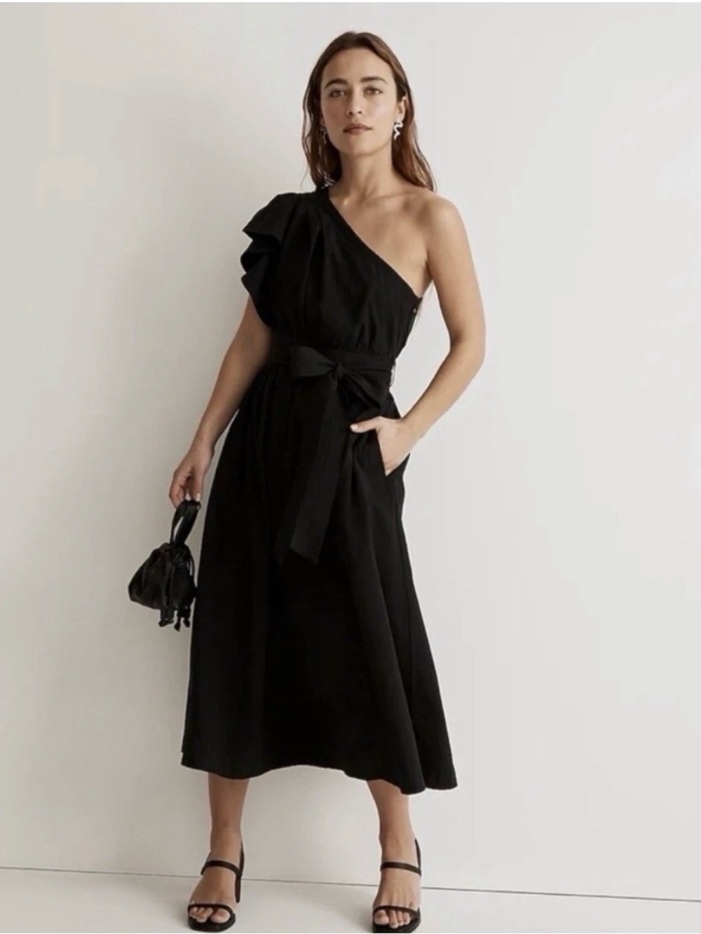 Madewell Ruffled One-Shoulder Midi Dress, black, multiple size 14